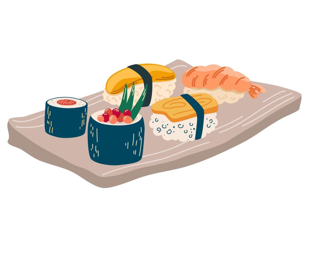 juego de sushi comida asiática. perfecto para la cafetería del restaurante y los menús impresos. dibujo a mano vectorial ilustración de dibujos animados. vector