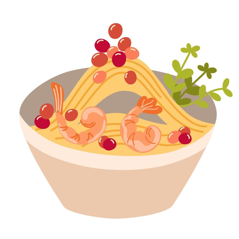 Ramen noodle with egg, meat, fish, shrimp and seaweed. Asian Food. Perfect for restaurant cafe and print menus. Vector hand draw cartoon illustration.