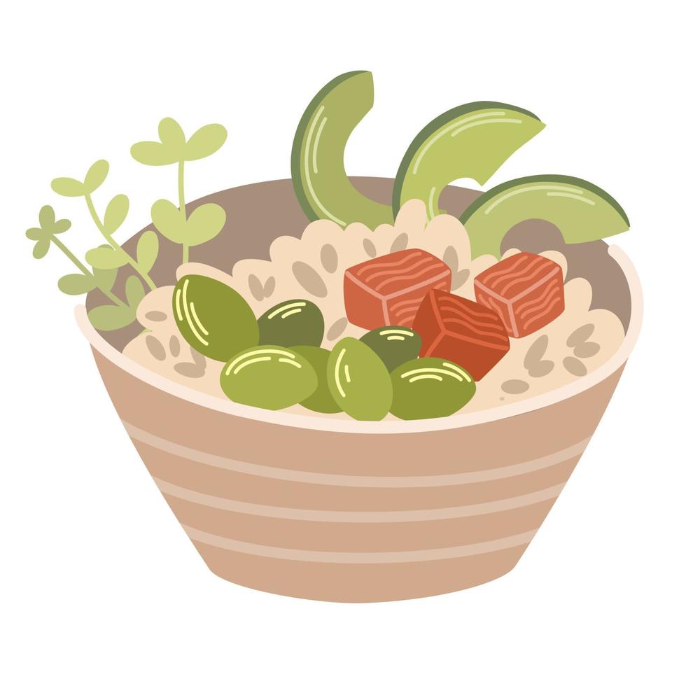 Poke bowl with rice, vegetables, egg, meat, fish, shrimp and seaweed. Asian food. Perfect for restaurant cafe and print menus. Vector hand draw cartoon illustration.