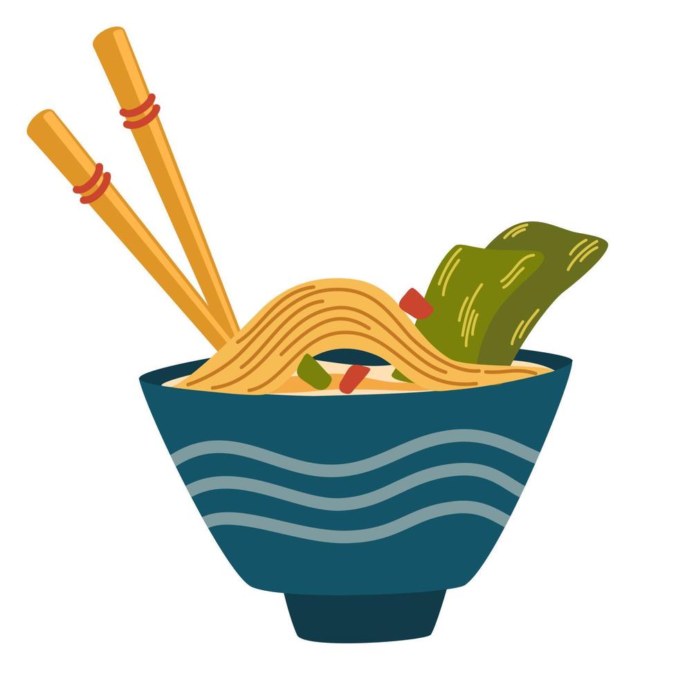 Ramen noodle with egg, meat, fish, shrimp and seaweed. Asian Savoury Soup Served in Bowl with Chopsticks. Perfect for restaurant cafe and print menus. Vector hand draw cartoon illustration.