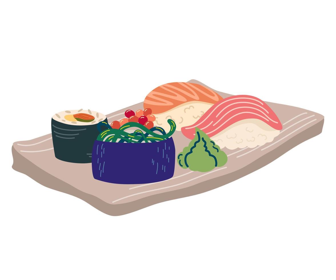 juego de sushi comida asiática. perfecto para la cafetería del restaurante y los menús impresos. dibujo a mano vectorial ilustración de dibujos animados. vector