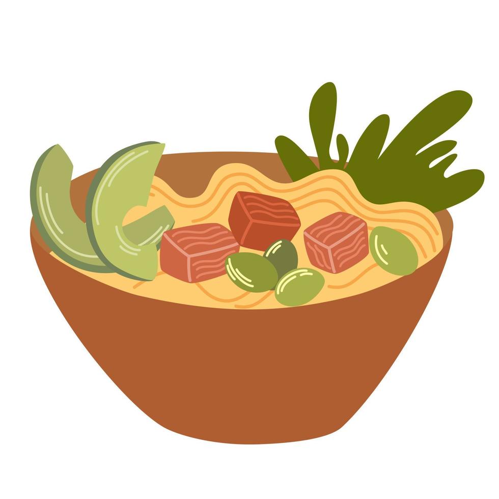 Ramen noodle with egg, meat, fish, shrimp and seaweed. Asian Food. Perfect for restaurant cafe and print menus. Vector hand draw cartoon illustration.