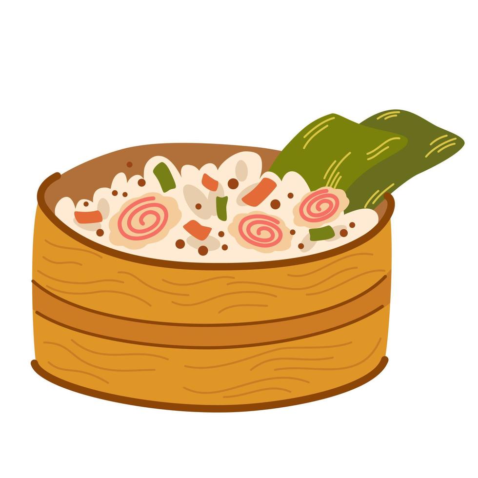 Poke bowl with rice, vegetables, egg, meat, fish, shrimp and seaweed. Asian food. Perfect for restaurant cafe and print menus. Vector hand draw cartoon illustration.