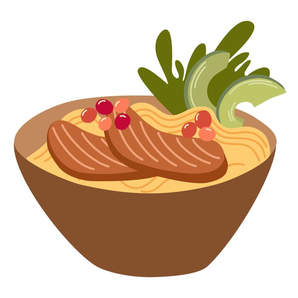 Ramen noodle with egg, meat, fish, shrimp and seaweed. Asian Food. Perfect for restaurant cafe and print menus. Vector hand draw cartoon illustration.