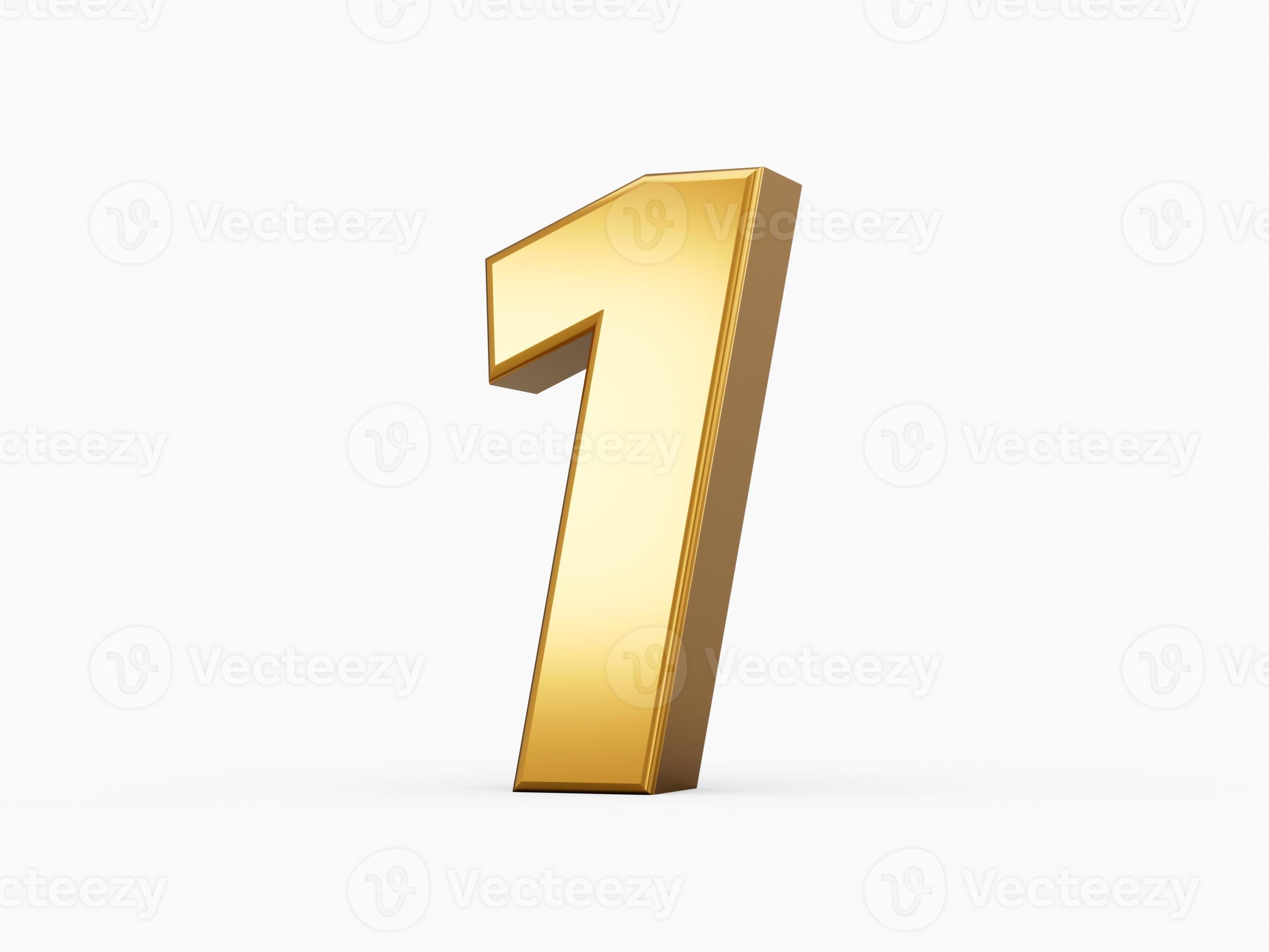 Golden metallic alphabet, Number one, White background 3d illustration