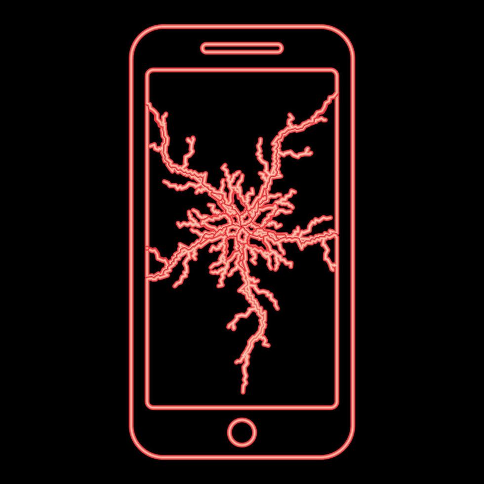 Neon smartphone with crack on display Broken modern mobile phone Shattered smartphone screen Phone with broken matrix of screen Cell phone with cracked touch screen in center Broken glass telephone vector