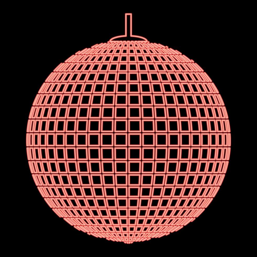 Neon disco sphere suspended on line rope Discotheque ball Retro night clubs symbol Concept nostalgic party red color vector illustration image flat style