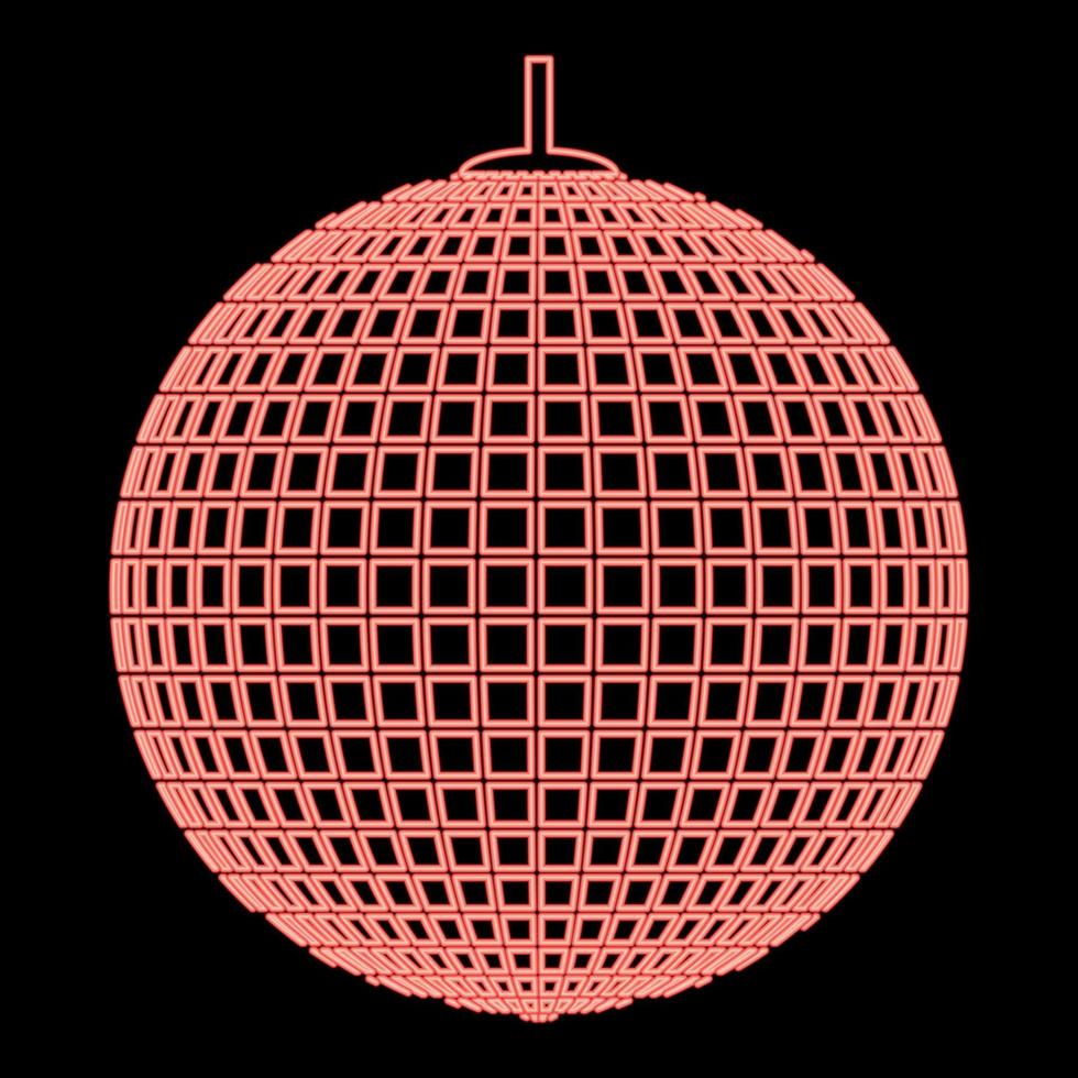 Neon disco sphere suspended on line rope Discotheque ball Retro night clubs symbol Concept nostalgic party red color vector illustration image flat style