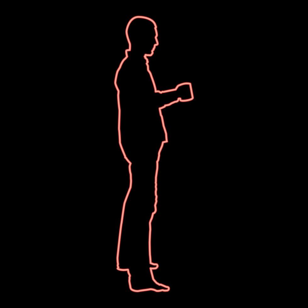 Neon man with mug standing red color vector illustration image flat style