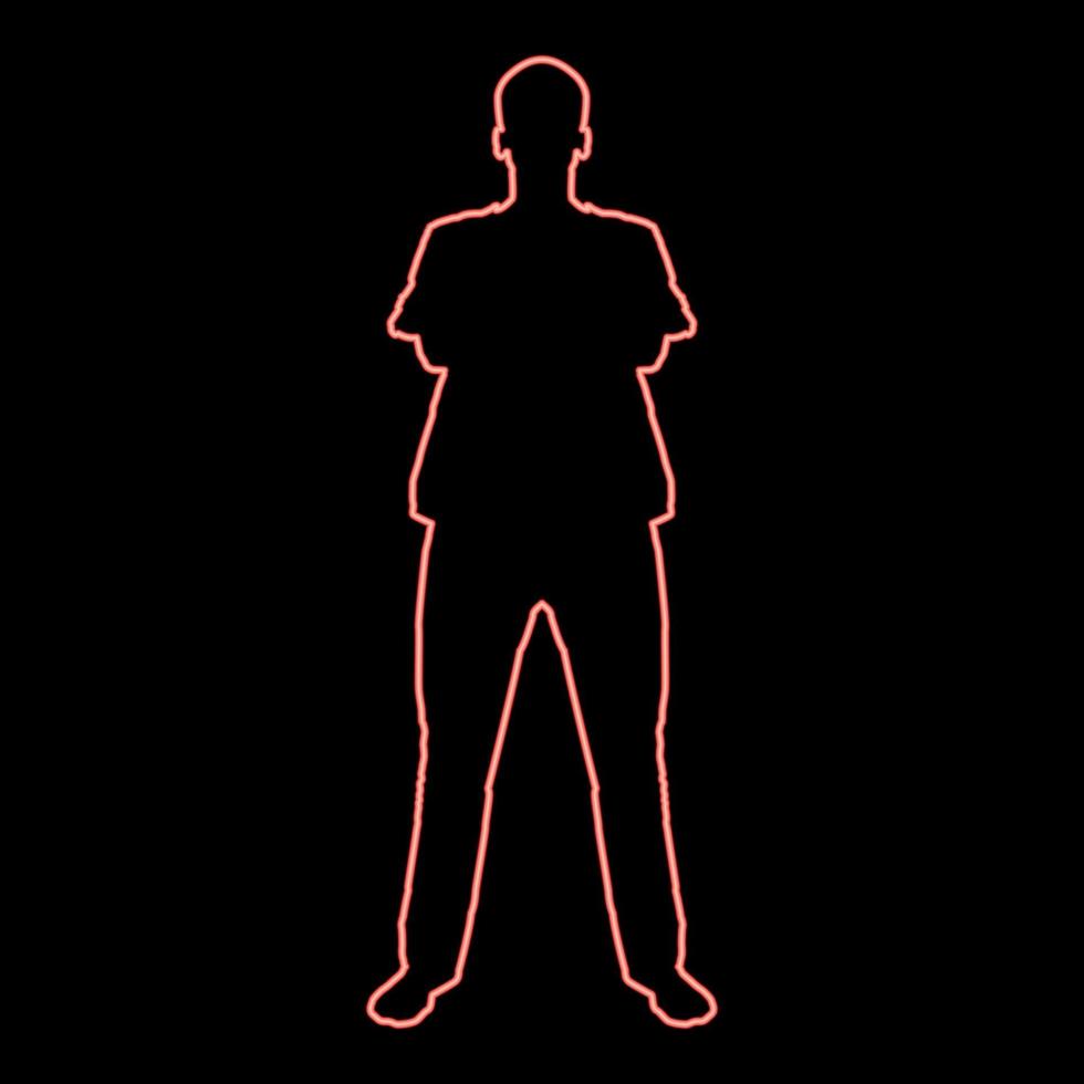 Neon man standing with hands crossed Dentist surgeon in medical clothes with folded hands on his chest Concept of the end of surgery operation Front view red color vector illustration image flat style