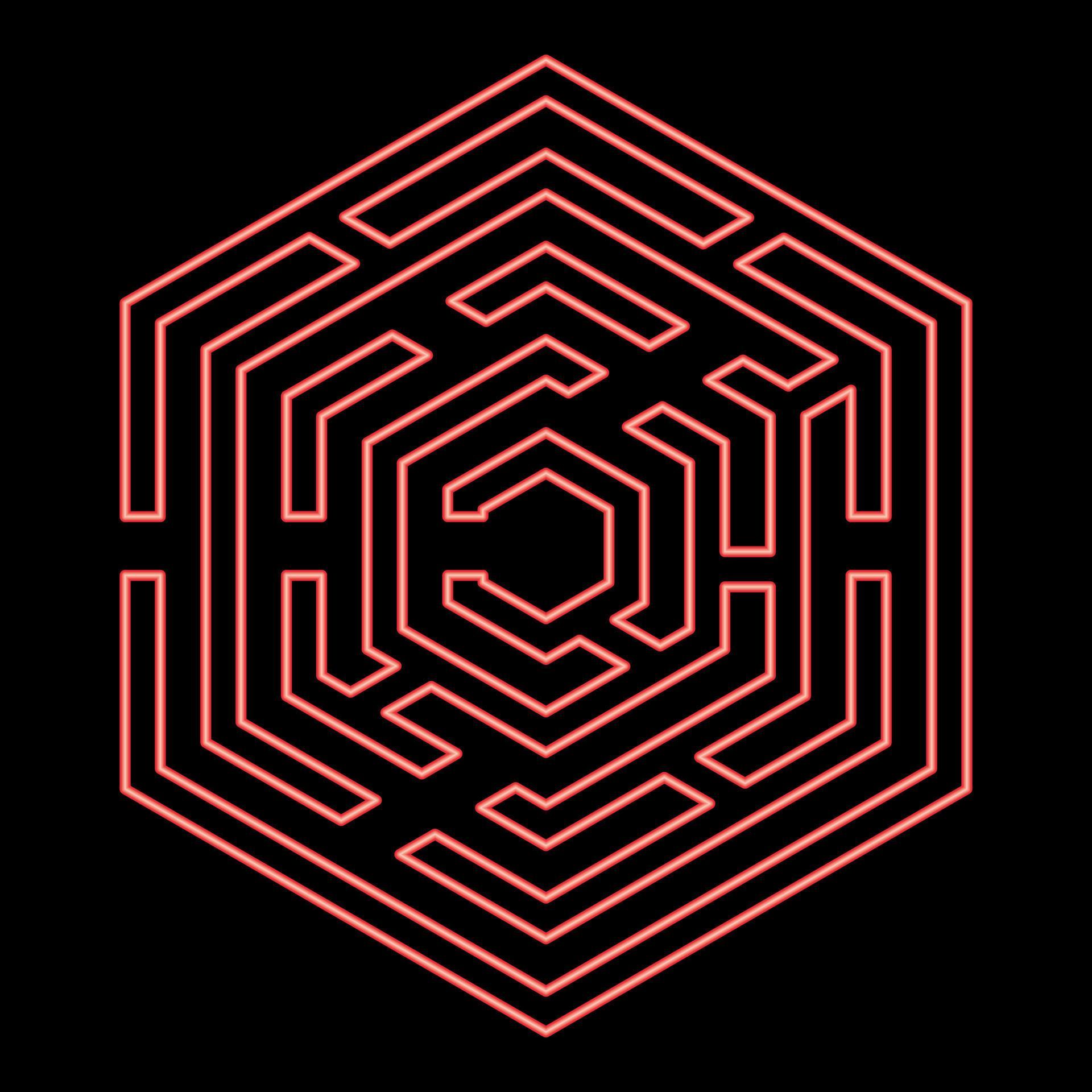 Neon hexagonal Maze Hexagon maze Labyrinth with six corner red color 