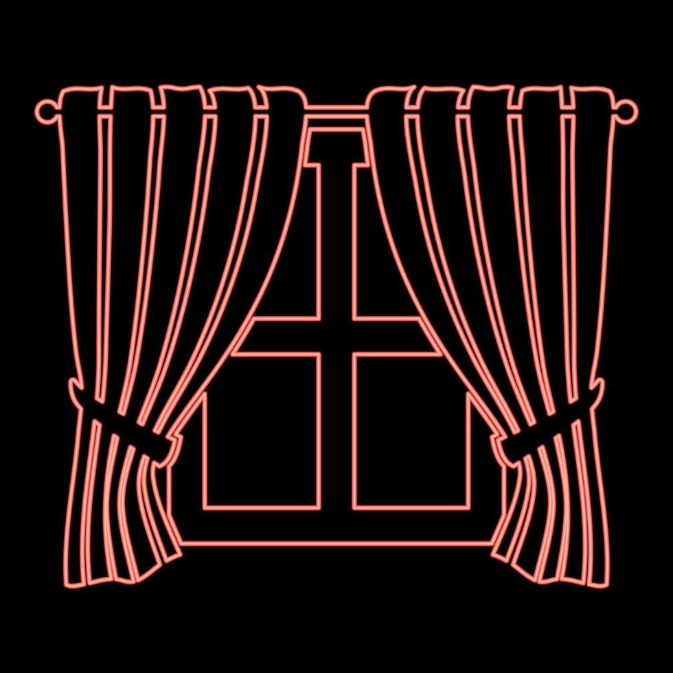 Neon curtains and window Interior concept Home window view decoration Waving curtains on window red color vector illustration image flat style