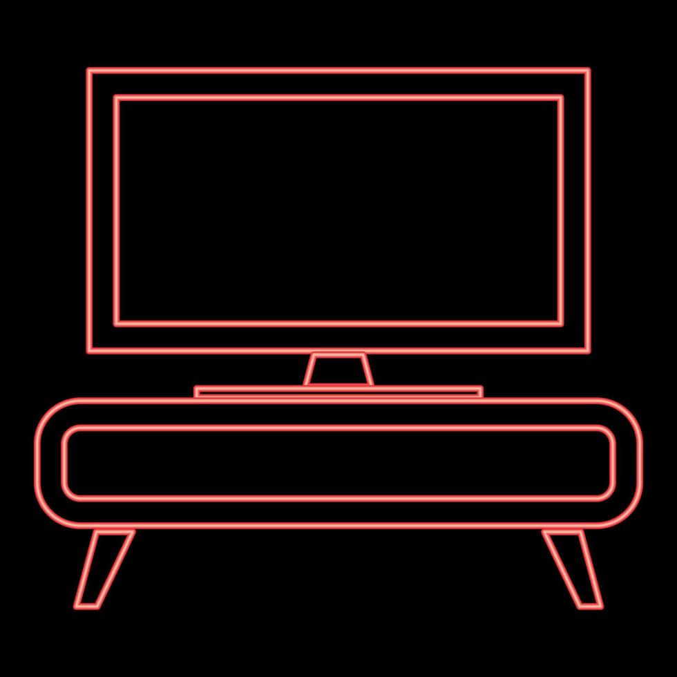 Neon tV set on the cupboard commode bedside table Home interior concept red color vector illustration image flat style