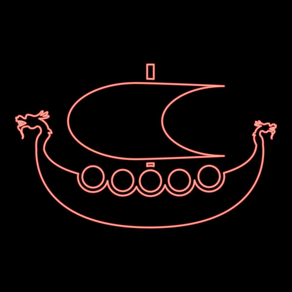 Neon viking drakkar Dracar sailboat Viking's ship Viking boat red color vector illustration image flat style