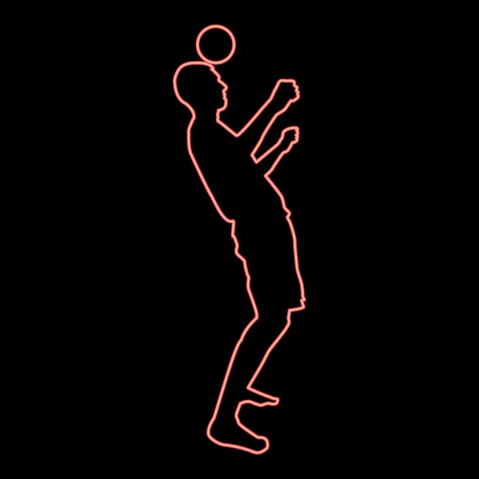 el hombre de neón patea la pelota en la cabeza. el jugador de fútbol toca la pelota con la cabeza el concepto de fútbol truco de malabarismo con la pelota color rojo vector ilustración imagen estilo plano