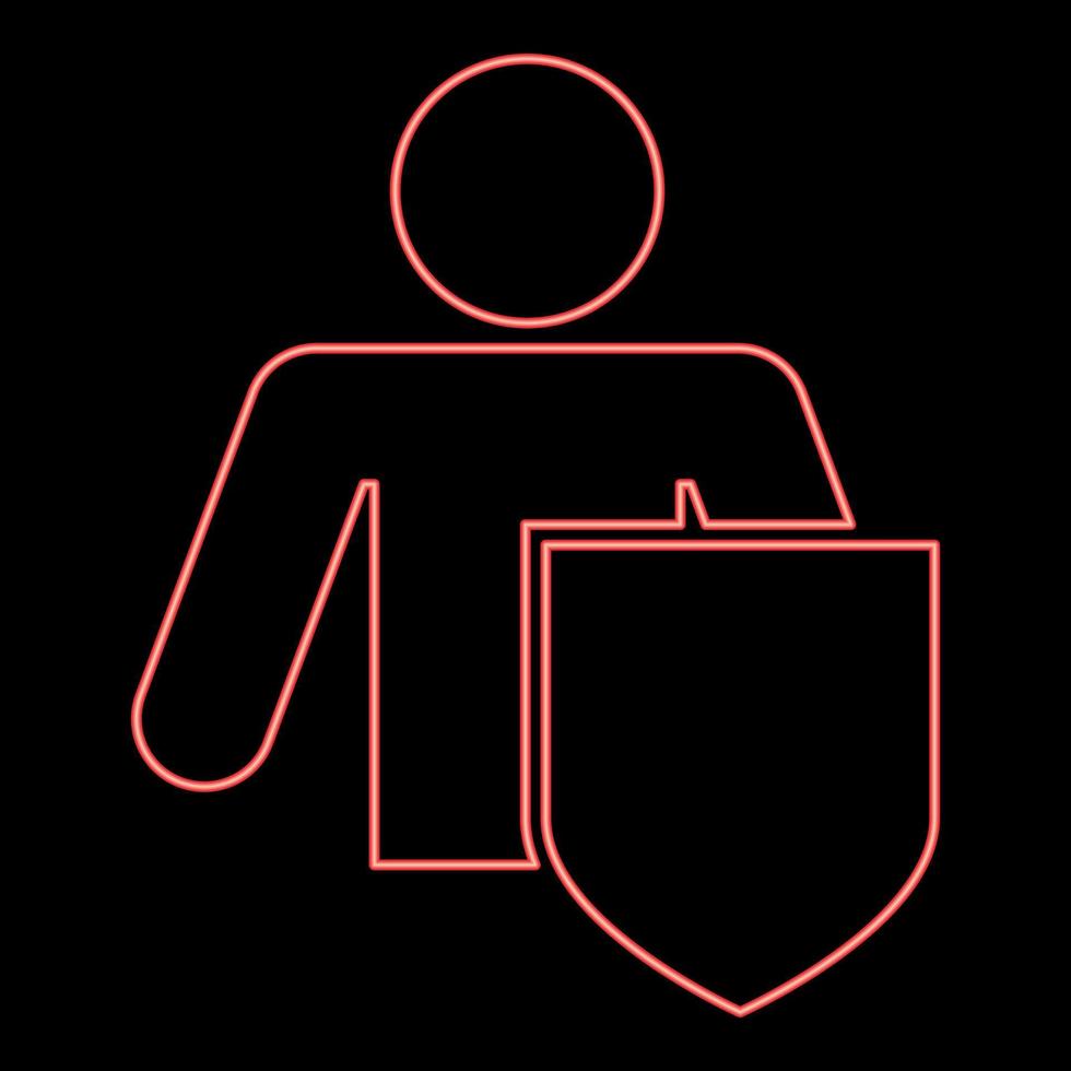 Neon stick man with shield Protecting personal data concept Man holding shield for reflecting attack Protected from attack idea red color vector illustration image flat style