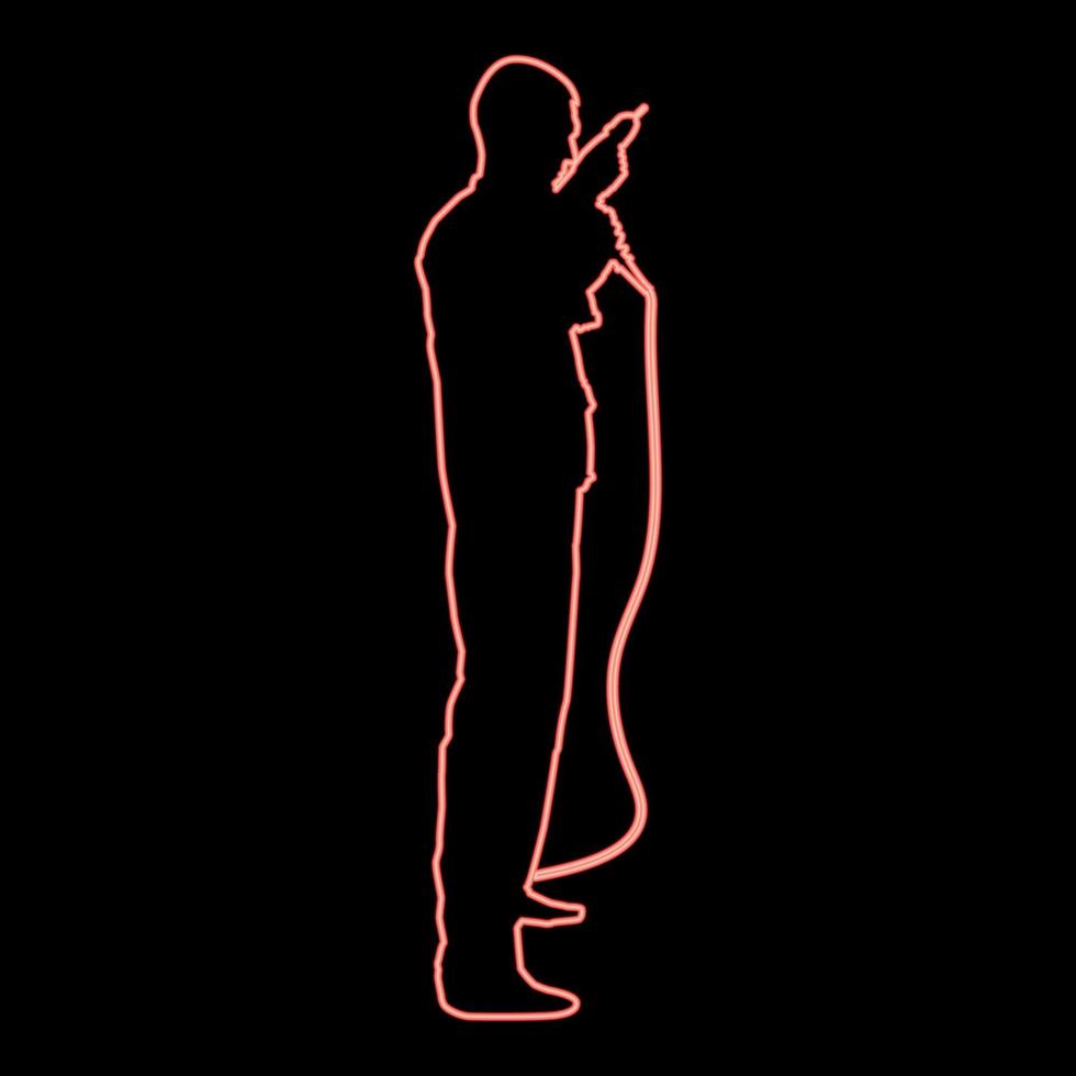 Neon repairman master man in overalls with tool in his hands electric drill View with side red color vector illustration image flat style