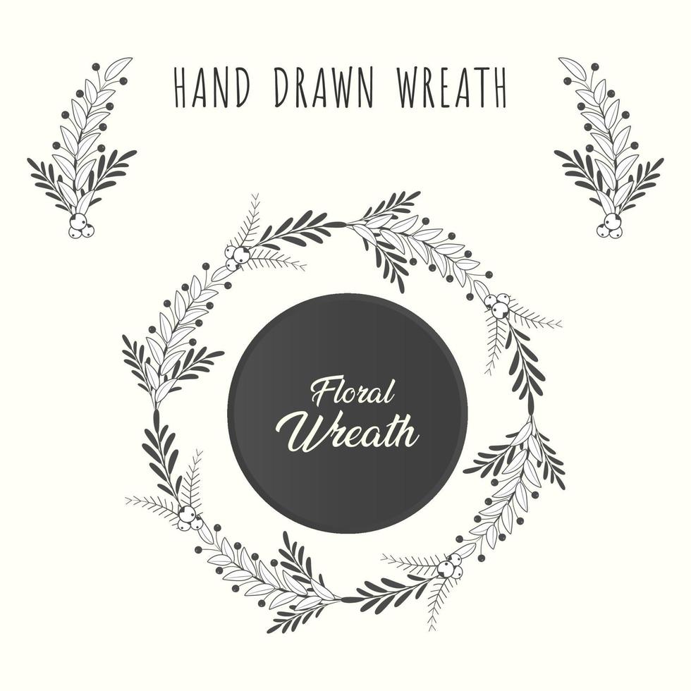 Hand drawn floral wreath and laurel frame circle with leaf and flower vector