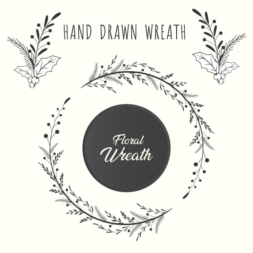 Hand drawn floral wreath and laurel frame circle with leaf and flower vector