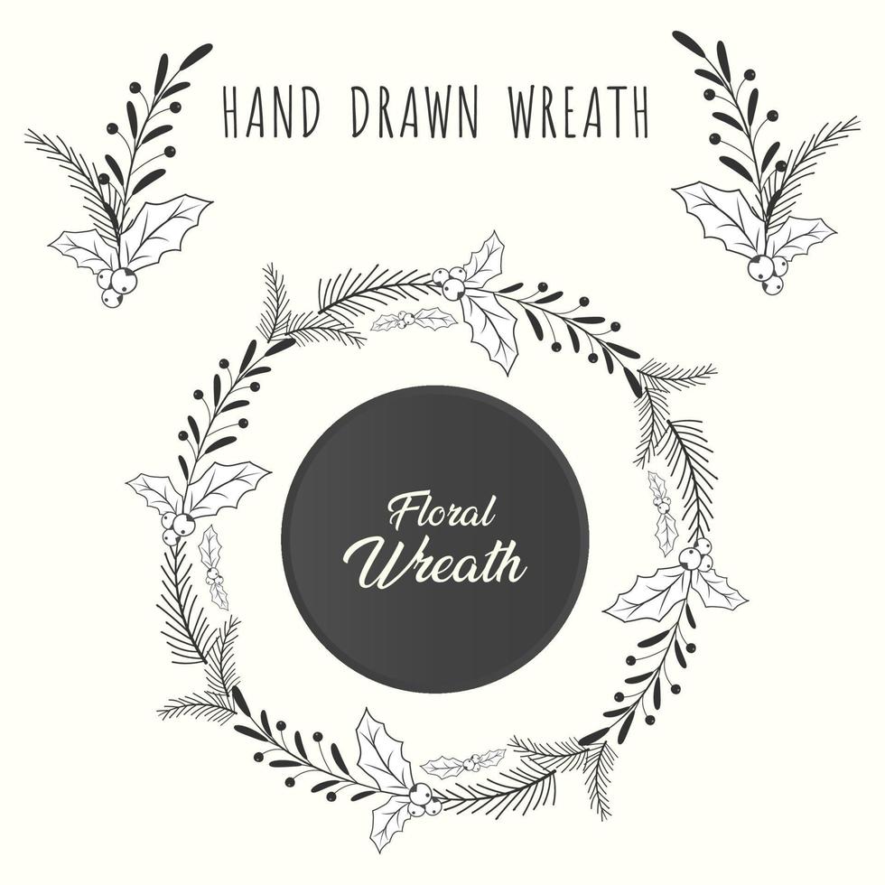 Hand drawn floral wreath and laurel frame circle with leaf and flower vector