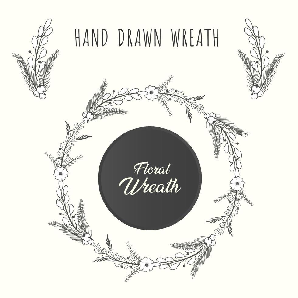 Hand drawn floral wreath and laurel frame circle with leaf and flower vector