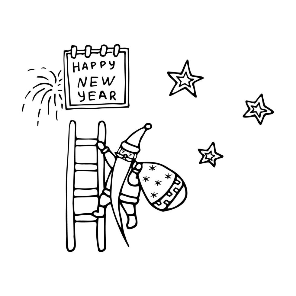 feliz postal de año nuevo con santa claus en las escaleras al estilo de un garabato. ilustración vectorial vector
