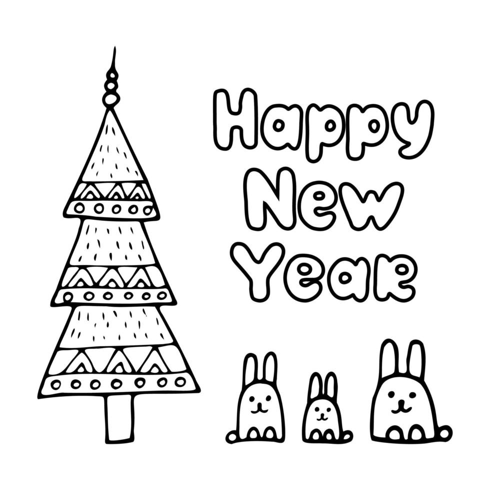postal de feliz año nuevo con árbol de navidad y conejos al estilo de un garabato. ilustración vectorial vector