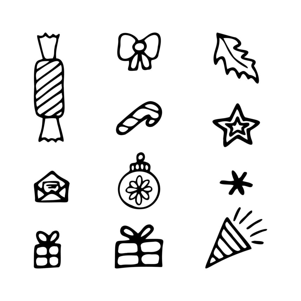 A set of Christmas icons in the style of doodles. vector illustration