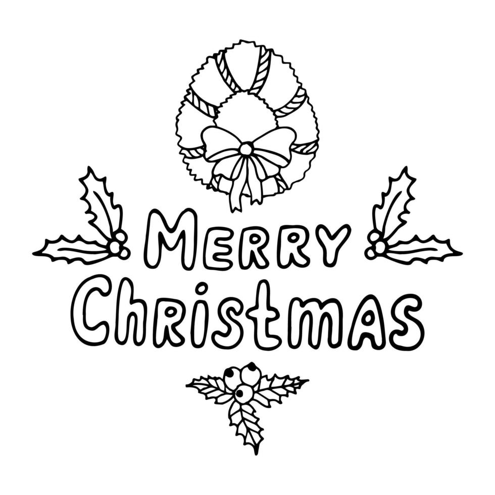 Merry Christmas card with wreath and holly in doodle style. vector illustration