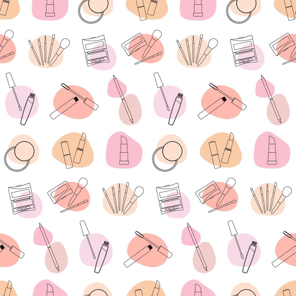 Seamless pattern with decorative cosmetics in the style of line art with colored spots. vector illustration