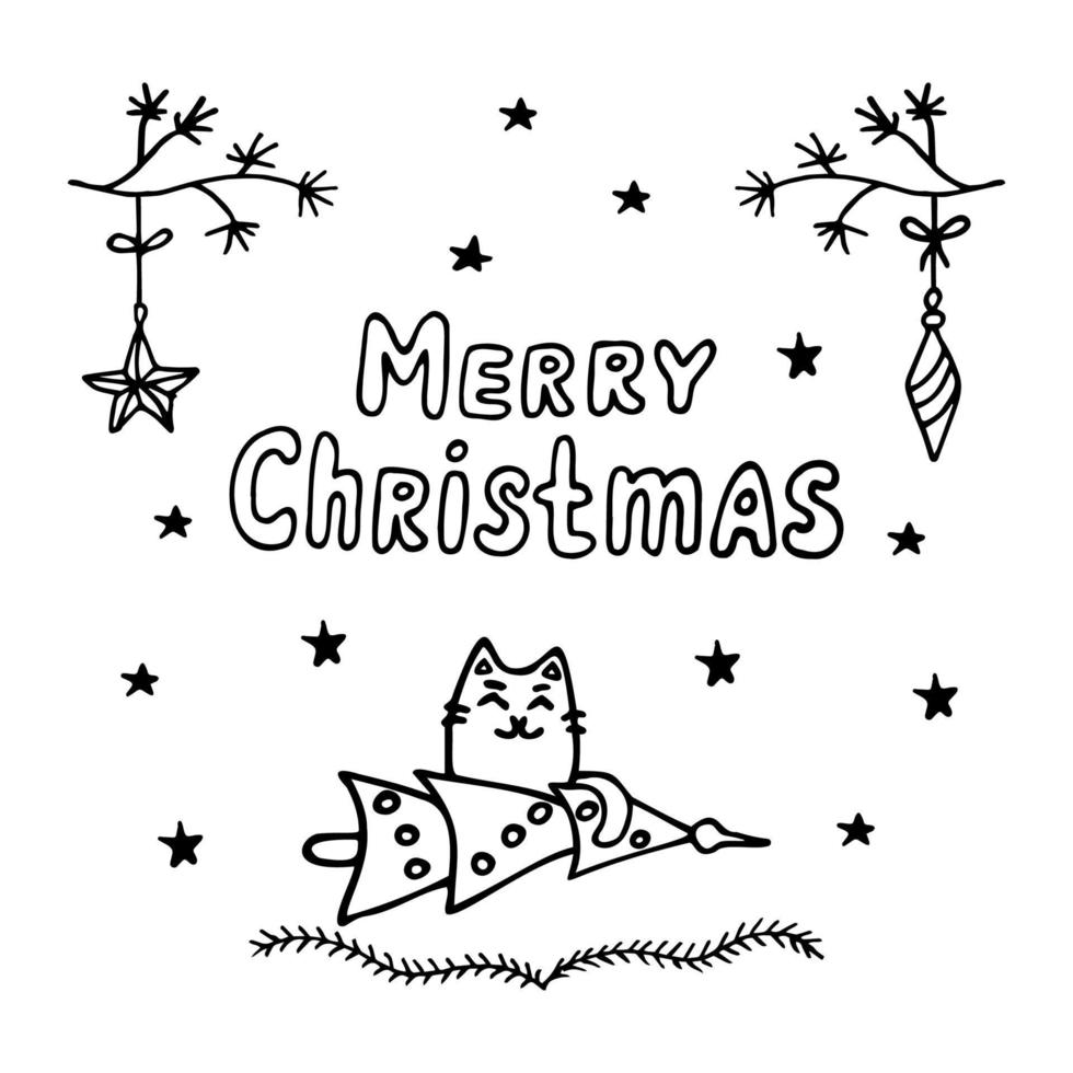 Merry Christmas card with cat and Christmas tree in the style of a doodle. vector illustration