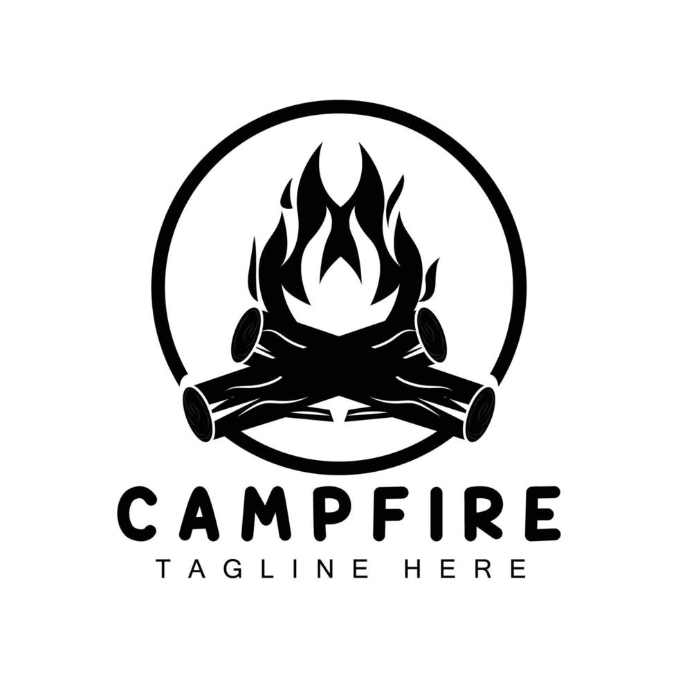 diseño de logotipo de fogata, vector de camping, fuego de madera y diseño forestal