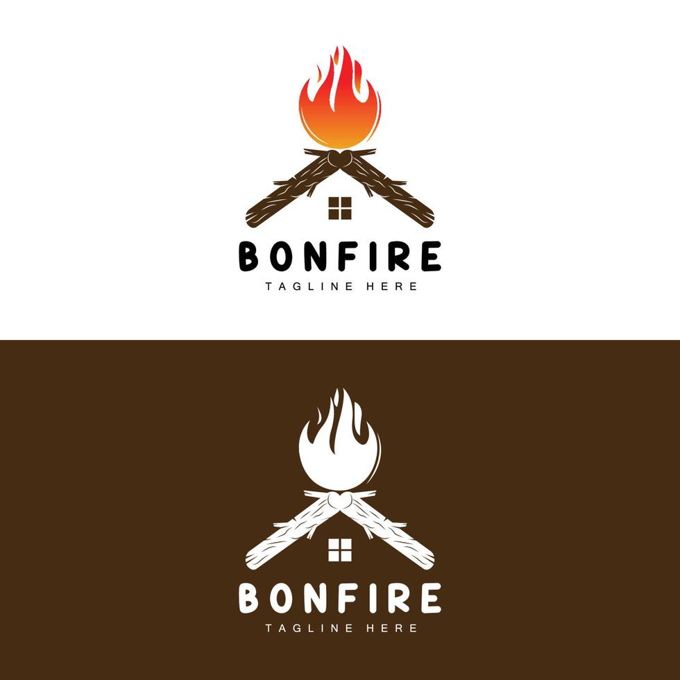 diseño de logotipo de fogata, vector de camping, fuego de madera y diseño forestal