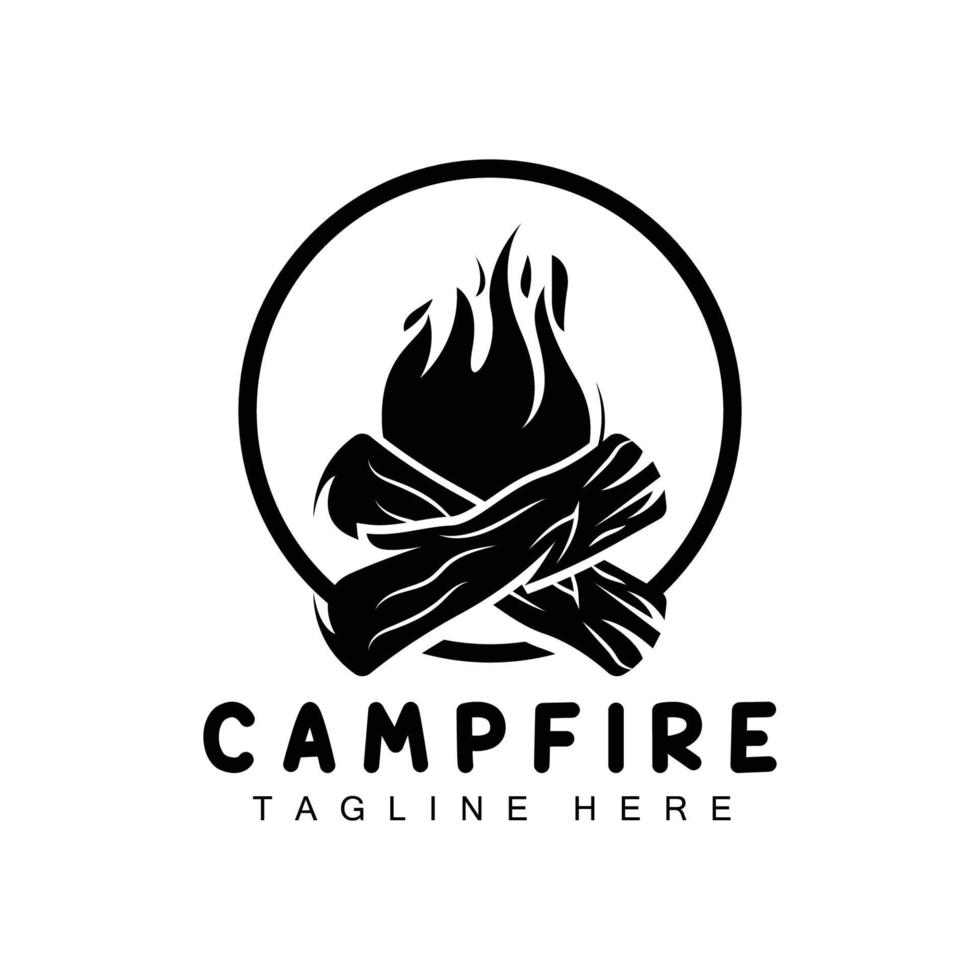 diseño de logotipo de fogata, vector de camping, fuego de madera y diseño forestal