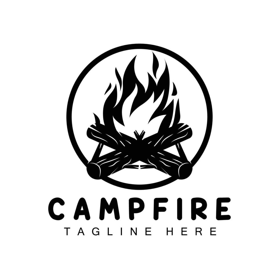 diseño de logotipo de fogata, vector de camping, fuego de madera y diseño forestal