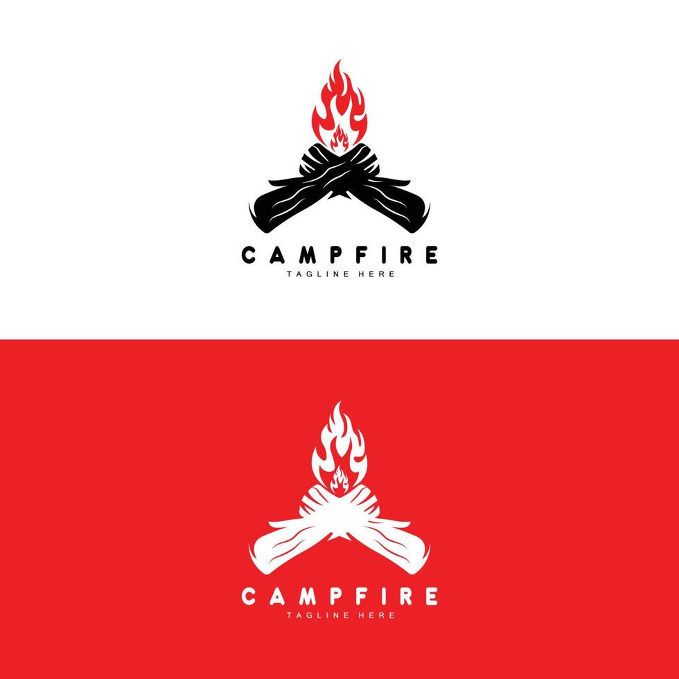 diseño de logotipo de fogata, vector de camping, fuego de madera y diseño forestal