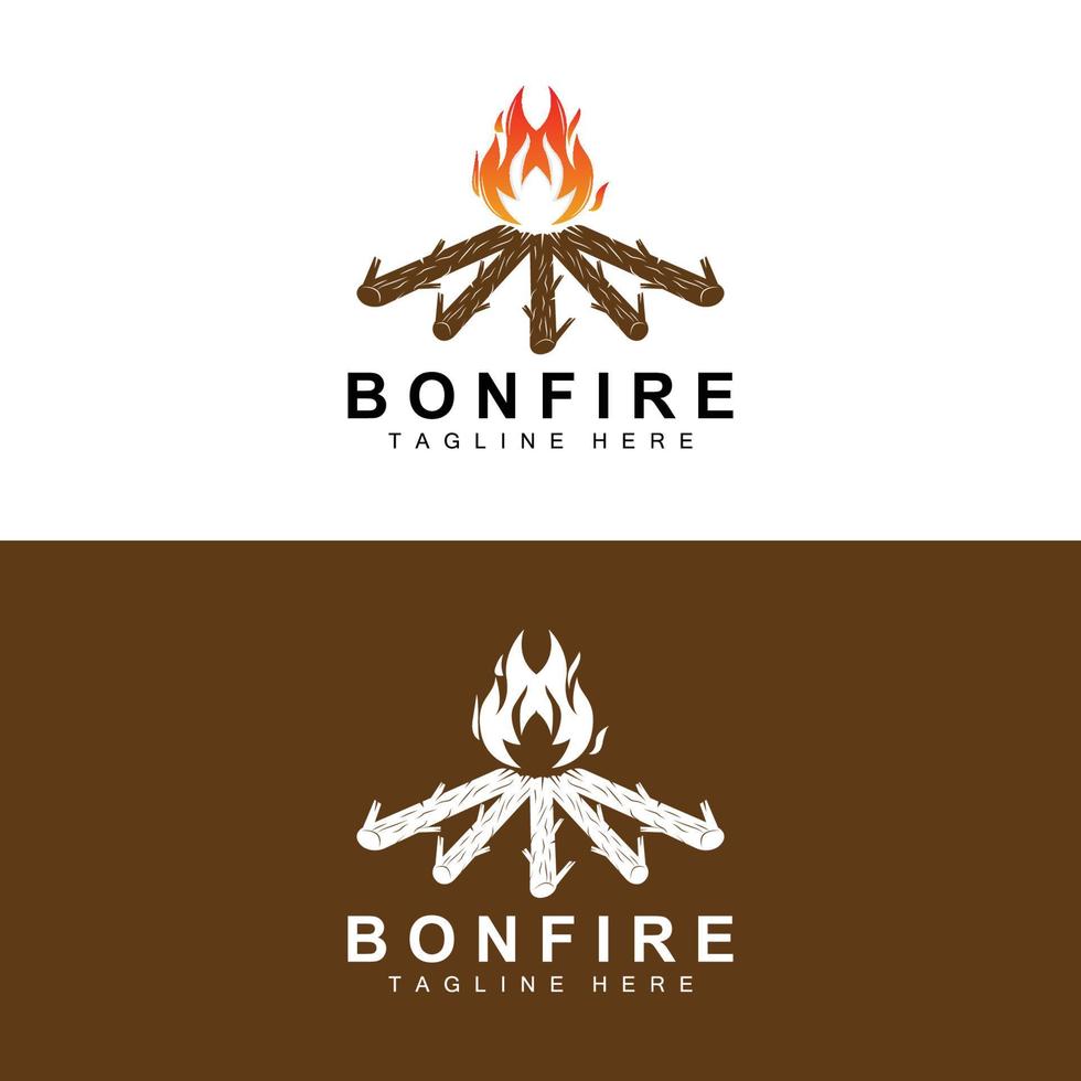 diseño de logotipo de fogata, vector de camping, fuego de madera y diseño forestal