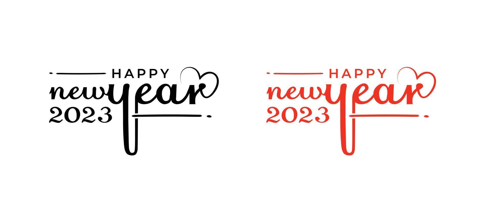Happy New Year 2023 Logo with Love. Abstract Hand drawn creative calligraphy vector logo design. 2023 New year Logo