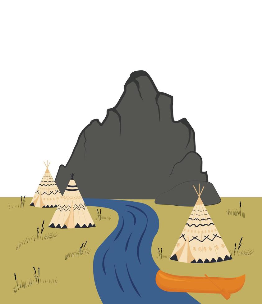 cartel del salvaje oeste. paisaje de montaña. tienda india, tienda de campaña, hogar de nativos americanos. un río y un bote kayak con remo. ilustración vectorial de una canoa. vector