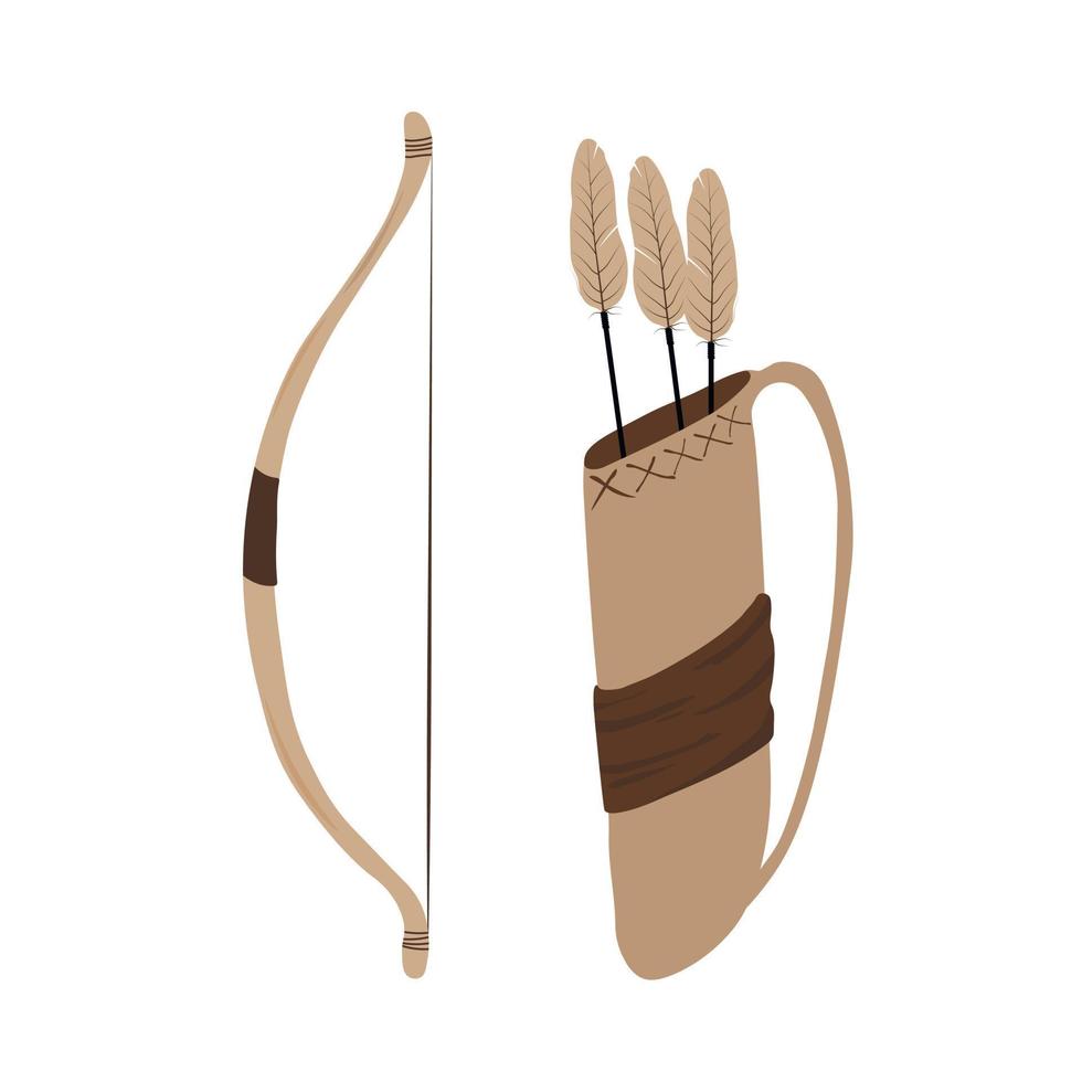 Bow and arrow vector stock illustration. Isolated on a white background. Weapons for hunting. Quiver made of leather.