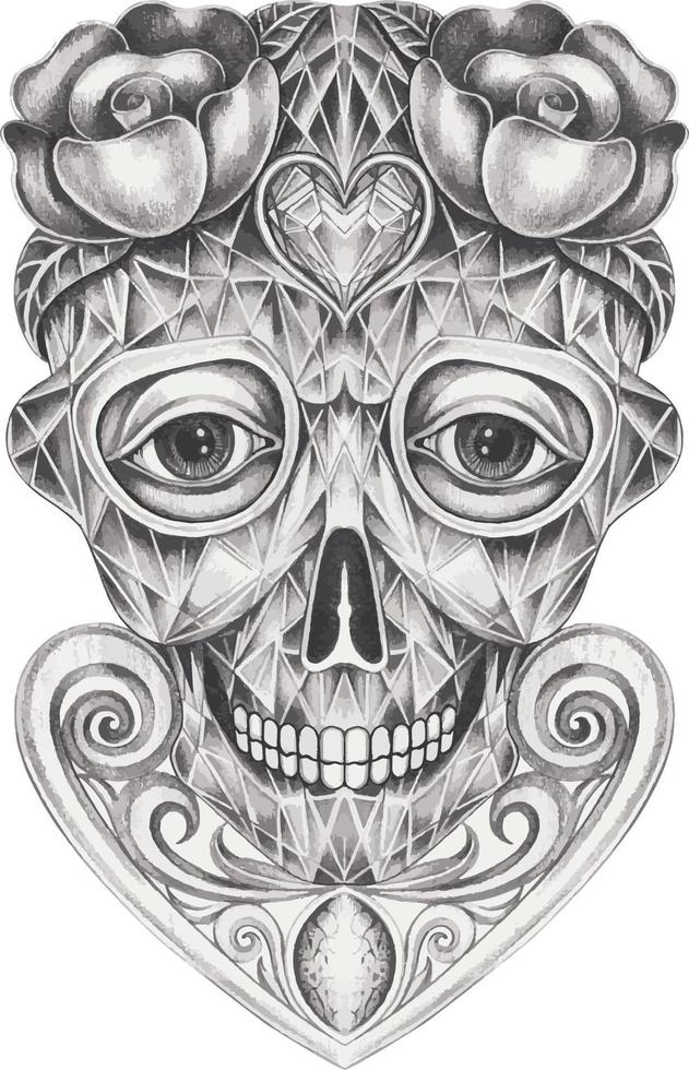 Art vintage mix fancy surreal skull. Hand drawing and make graphic vector. vector