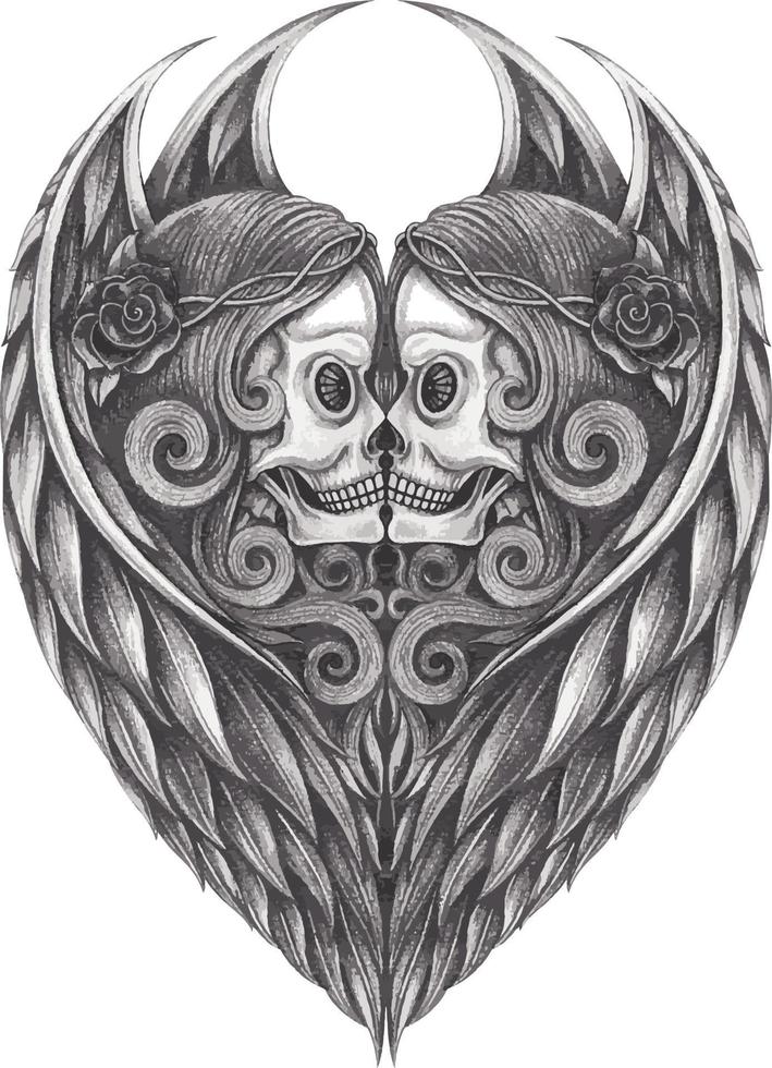 Art fantasy couple angel skulls. Hand drawing and make graphic vector. vector
