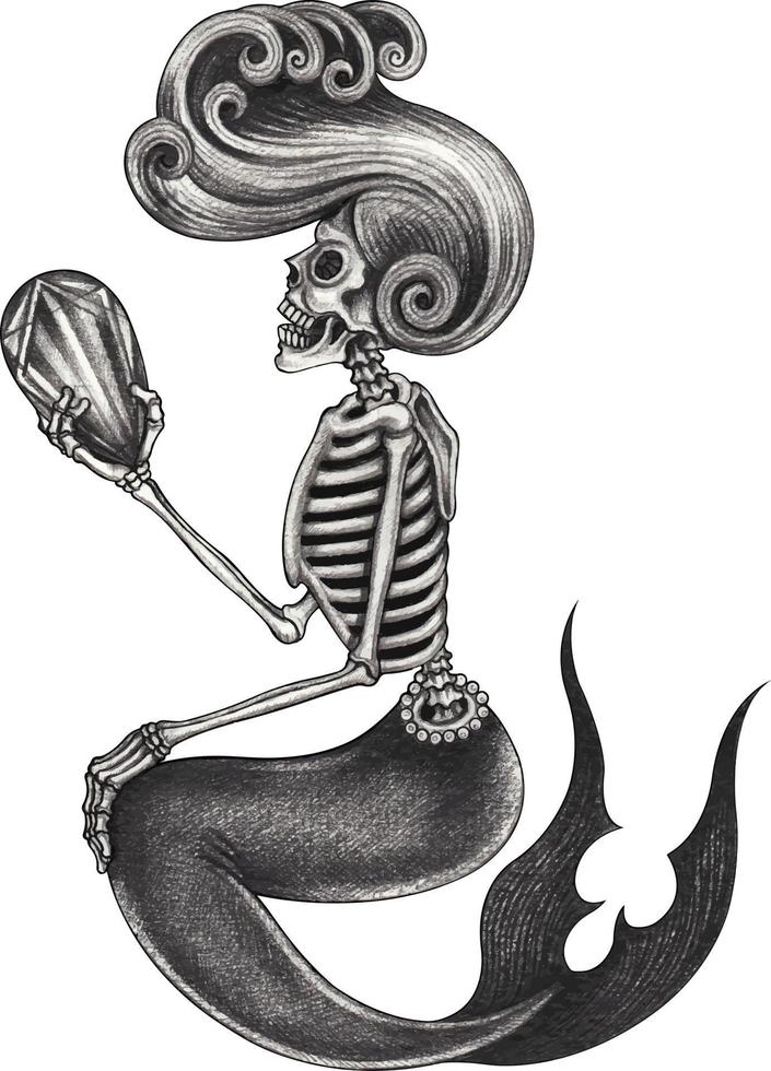 Art fantasy mermaid skull. Hand drawing and make graphic vector