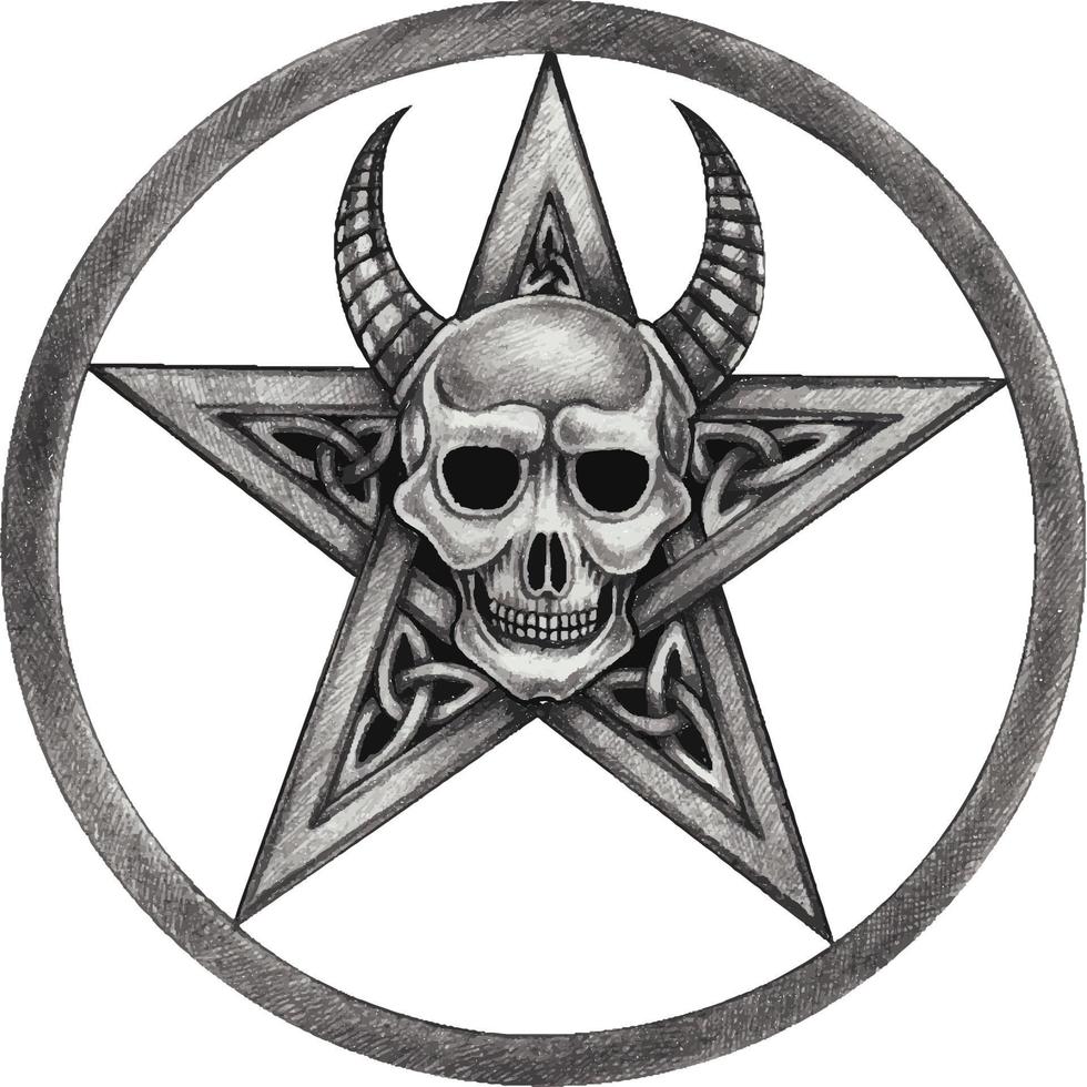 Art pentagram mix devil skull tattoo. Hand drawing and make graphic vector. vector