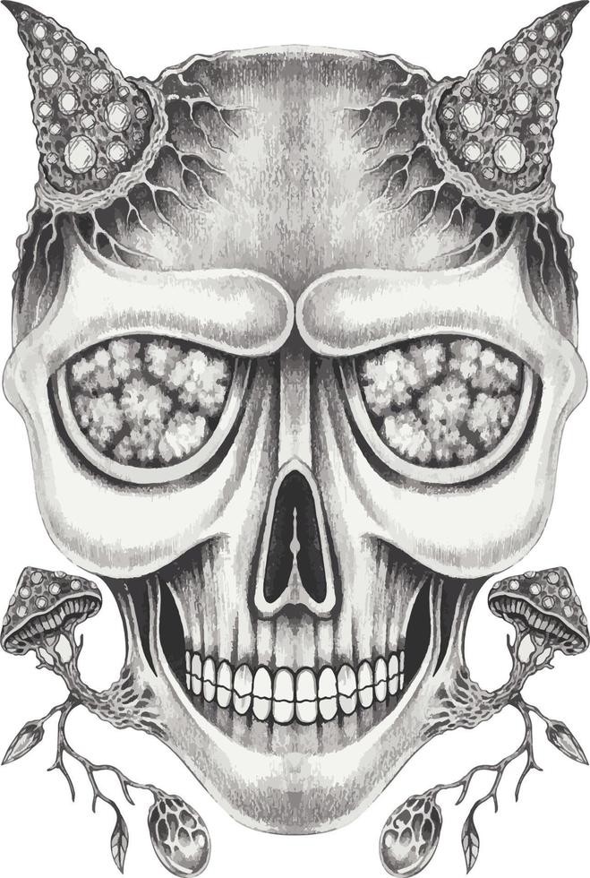 Art fancy surreal devil skull. Hand drawing and make graphic vector. vector