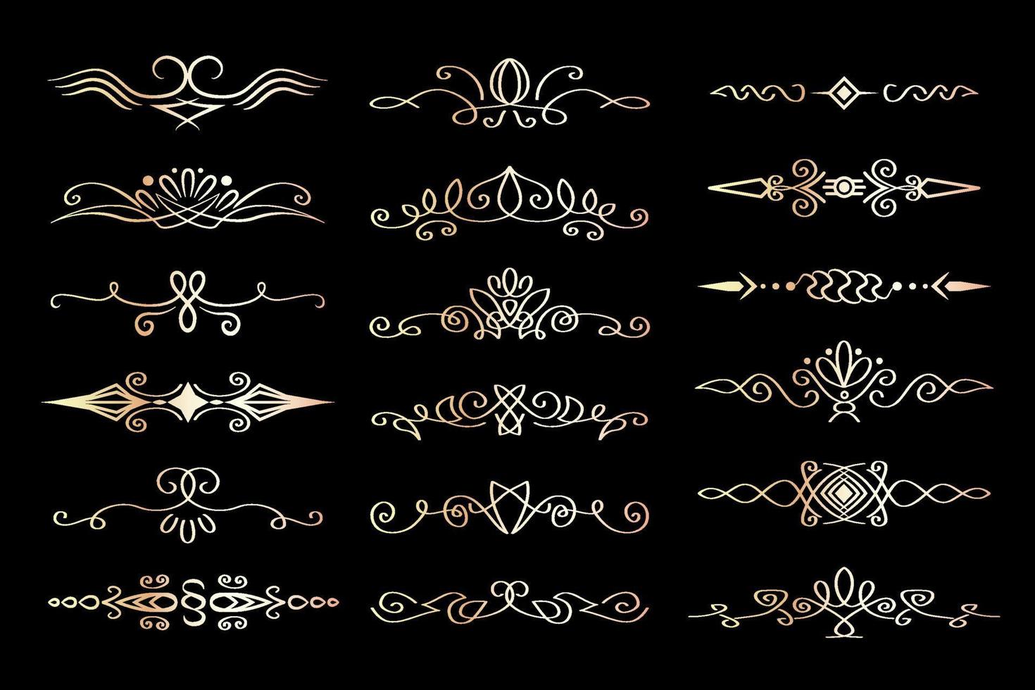 Abstract luxury text dividers, isolated on black background. Linear elegant ornaments, vintage design element collection. Dividers, paragraph separators, flourish, calligraphic style. vector