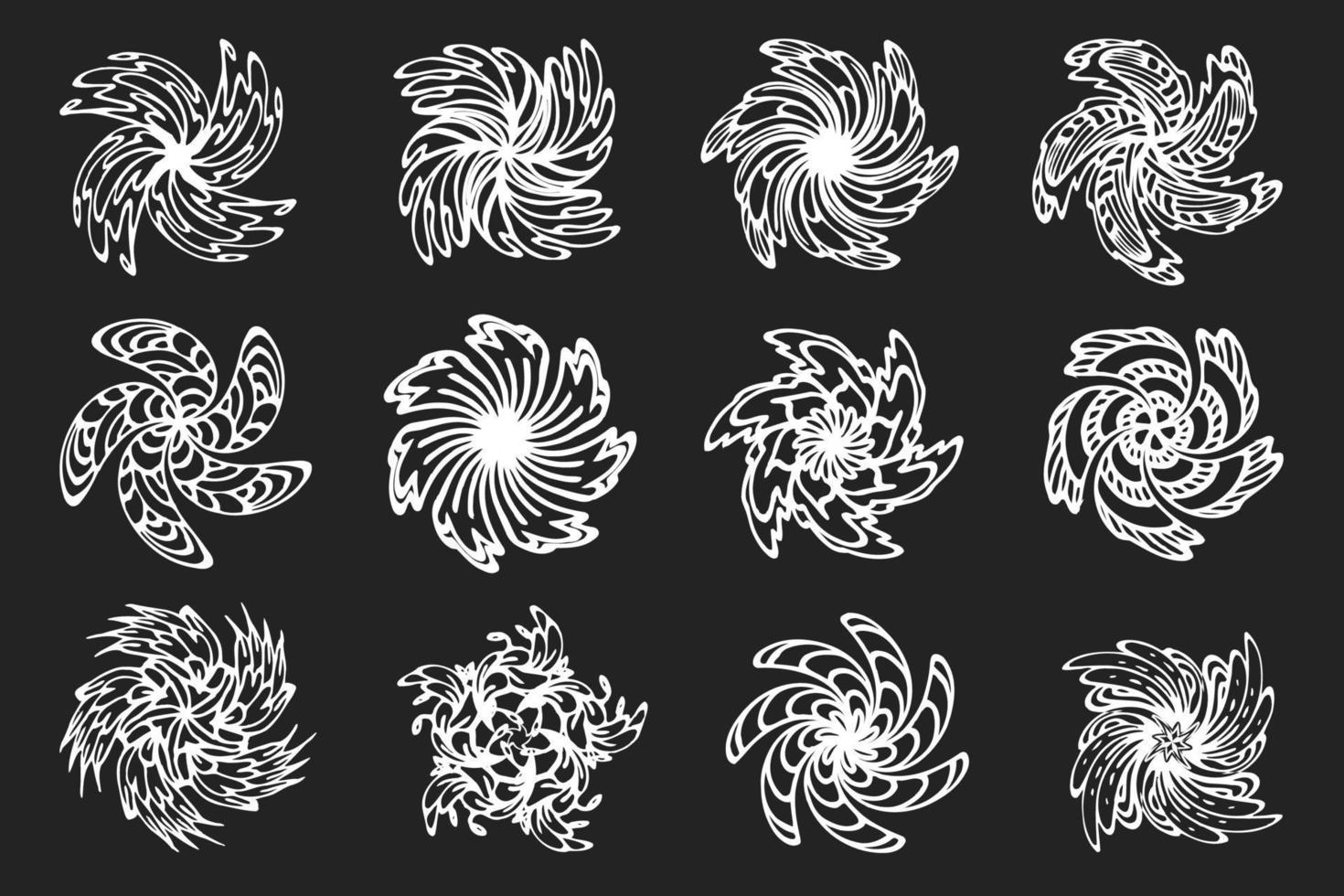 Spinning mandala design elements. Abstract spinning, rotating, twisted flowers collection. Floral monochrome design elements. vector