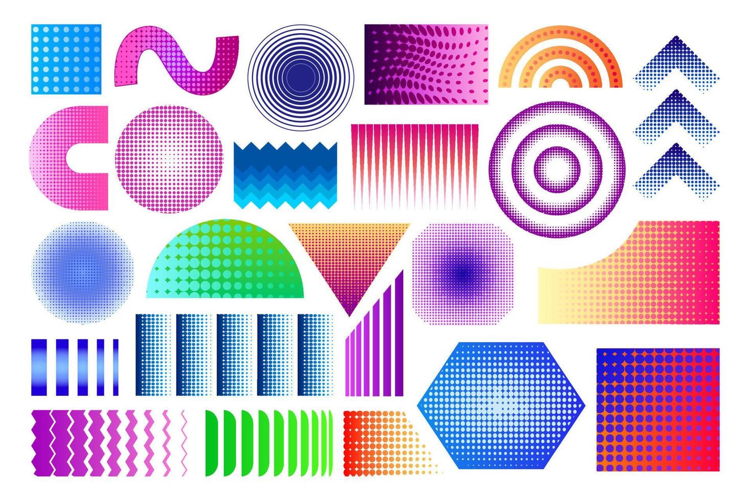 formas geométricas de semitonos de colores. colección de formas planas punteadas. elementos de diseño geométrico. formas de degradado de semitonos de colores vibrantes. vector