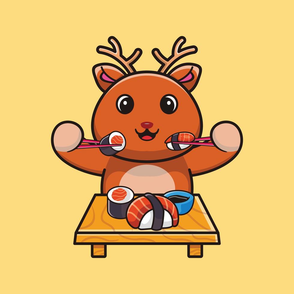 Cute deer eating sushi with chopsticks cartoon icon illustration vector