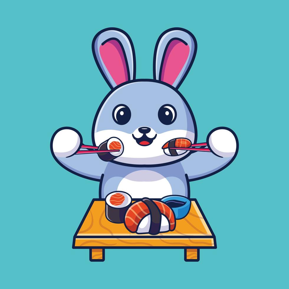 Cute rabbit eating sushi with chopsticks cartoon icon illustration vector